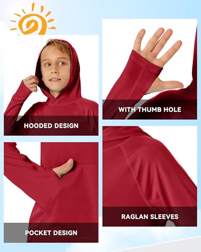 Image of Boys Rash Guard Long Sleeve Hoodie Swim Shirt with Pocket Youth Kids UPF 50+ Sun Protection Fishing Shirts Thumb Hole