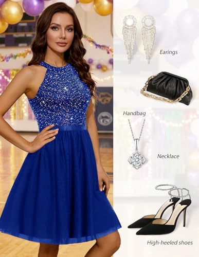 Image of Dressystar Women's Sequin Short Prom Dress Sparkly Halter Tulle Cocktail Party Homecoming Dresses