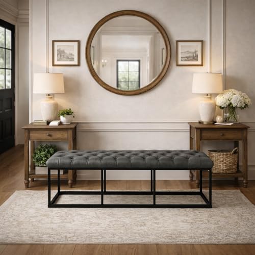 Image of HomePop 52 inch Button Tufted Decorative Bench with Metal Base - Gray Faux Leather