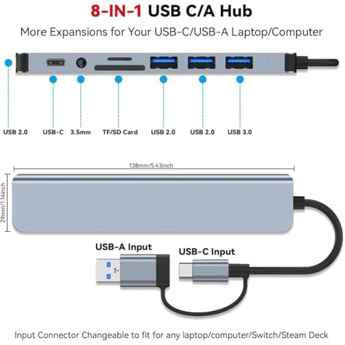 Image of 8-in-1 USB C Hub Multiport Adapter - Type-C Docking Station with 4K HDMI, VGA, Ethernet, 3 USB 3.0 Ports, SDCard Reader, PD Charging - Compatible with MacBook, Dell, HP,Type C Laptops