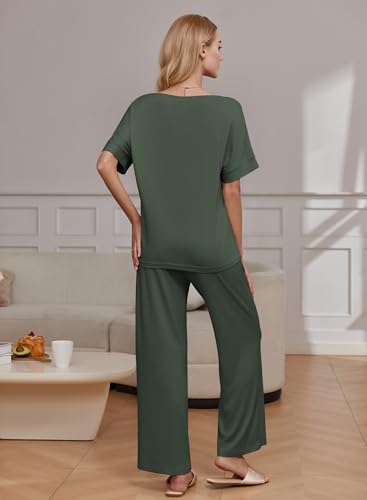 Image of Ekouaer Pajama Sets for Women 2 Piece Lounge Set Short Sleeve Tops and Long Pants Soft Comfy Pjs Sleepwear Outfits S-XXL