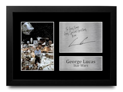 Image of HWC Trading George Lucas Personalised Gift - Signed Autograph Picture, Framed A4 Film Memorabilia with Custom Name Message for Birthday Christmas Wedding
