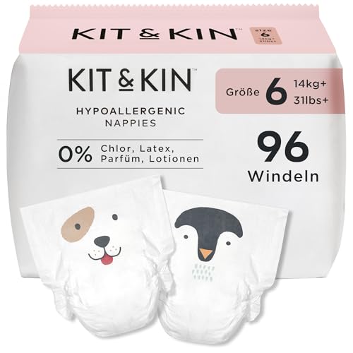 Kit & Kin Premium Windeln Größe 6 (14+ kg) 96 Stück, Pflanzliche & Hypoallergene Babywindeln, Zuverlässiger Auslaufschutz, Vegan & Tierversuchsfrei