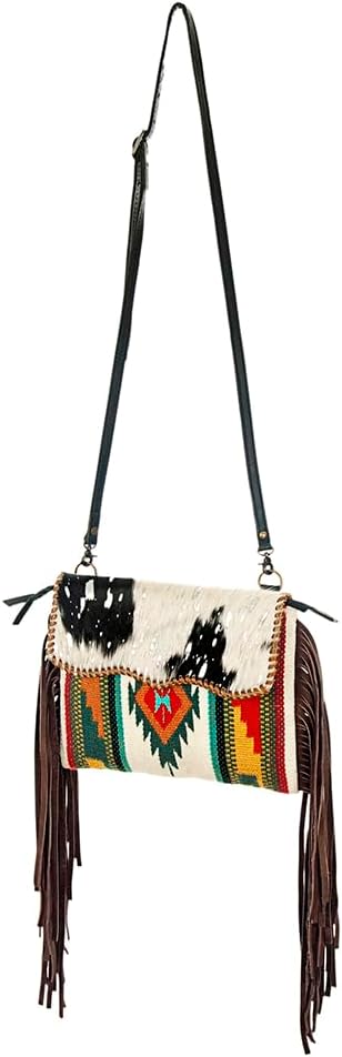 American Darling Western Cross body Bag Hand Tooled Floral Leather & Hand Woven Saddle Blanket with Fringes