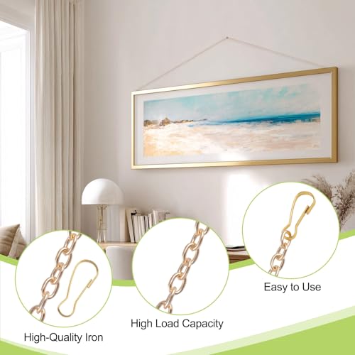 Image of Picture Hanging Kit with 4Pcs 3M Picture Hanging Chains & 16Pcs Hooks, Heavy Duty Metal Display Chain for Photo Frames Artworks Mirror(Gold)
