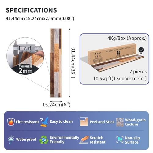 FLOREXP Vinyl Flooring - Linoleum Flooring with Wood Effect, Peel and Stick, Floor Tiles, Self-Adhesive,2.0mm 7 Pieces,Waterproof,for Kitchen, Living Room (1 m² Multi Colour)