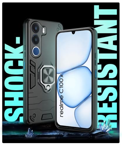 Image of WOW IMAGINE Shock Proof Back Case Mobile Cover for Realme C100x | Back Cover Case (Tough Armor | Hybrid PC + TPU | Ring Holder & in-Built Kickstand | Black)