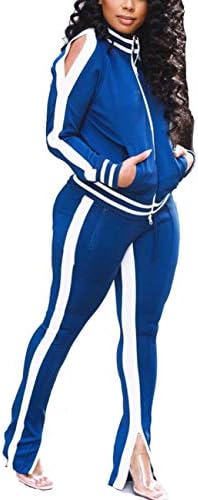 Two Womens Two Piece Tracksuit Outfits - Club Outfits Sweatsuit Stripe Patchwork Long Sleeve Skinny Pants Split with Zipper