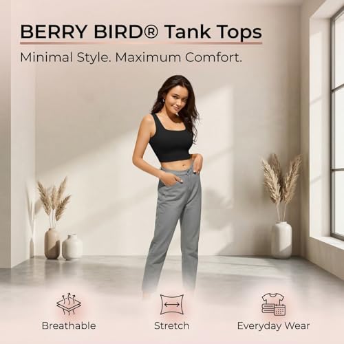Image of BERRY BIRD Women's Knitted Sleeveless Solid Square Neck Tank Tops