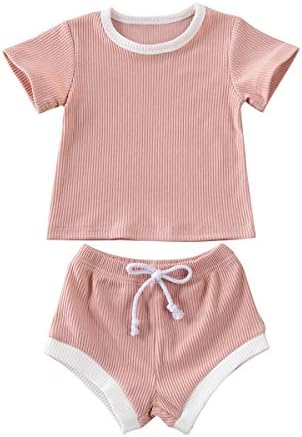 Baby Unisex Clothes, Top with Pants Set 2 Piece Outfit, Organic Cotton Clothing Set for Infant Baby Boys Girls (Pink Shorts, 0-6 Months)