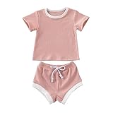 Newborn Infant Baby Girl Outfits Solid Knitted Short Sleeve T-Shirt Tops Shorts Bloomers 2Pcs Summer Clothes Set (Pink, 0-6 Months)