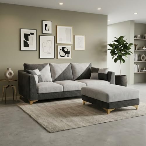 Image of Juliet 4 Seater L Shape Sofa Set with Movable Ottomans | Flexible Layout | Rich Velvet Suede Fabric | Silver Legs | Dual Tone Modern Sofa for Living Room (Light Grey-Dark Grey)
