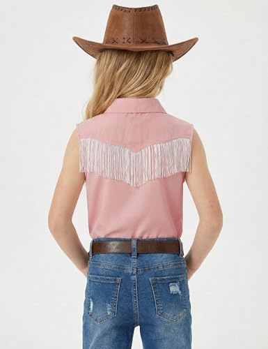 Image of Girls Fringe Shirt Sleeveless Button Down Western Cowgirl Tassel Trim Casual Blouse Shirt Top 4-13Y