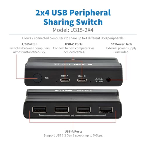 Image of Tripp Lite 2x4 USB 3.2 Switch Selector for 2 Computers and 4 Devices - Flash Drive, Keyboard, Mouse & More - 2 in 4 out, 5 Gbps Data Transfer, 2 USB-C Hosts + 4 USB-A Ports, 1-Year Warranty (U315-2X4)