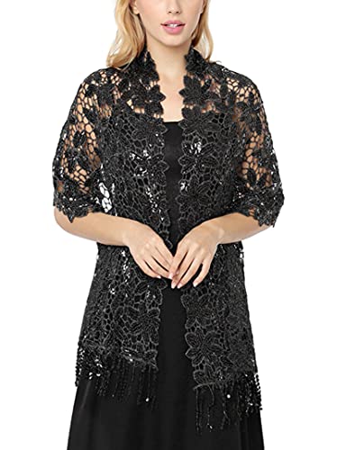 KRIPINC Châles Femme à Paillettes, Foulard Femme à Scintillants, Etole Femme Élégants, Écharpe Chale pour Cérémonies Soirée Fêtes Mariage Cocktail Bal (Le Noir) Cover