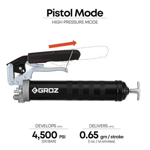 Image of Groz Dual Mode Grease Gun, 500 GMS | Telescopic Handle with Pistol and Lever Mode | 12 Months Warranty |High Pressure and High Volume Setting | Heavy Duty Grease Gun | G77