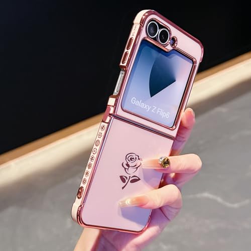 leobray Compatible with Samsung Galaxy Z Flip 5/Samsung Galaxy Z Flip 6 Case Creative Rose Flower Floral Pattern Electroplated Design Soft TPU Shockproof Case Full Camera Lens Protective Cover-Pink