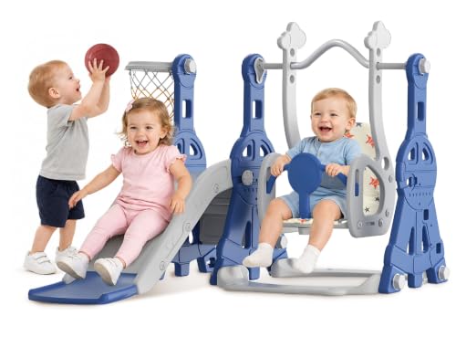 BIERUM 4-in-1 toddler slide and swing set with climber and basketball hoop