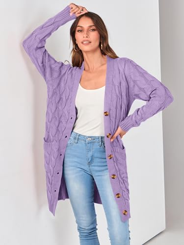 Image of PRETTYGARDEN Long Sleeve Cable Knit Long Cardigan for Women 2026 Spring Winter Chunky Open Front Button Sweaters with Pockets