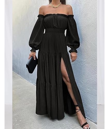 Image of ECDAHICC Women's Boho Sexy Off Shoulder Long Sleeve Maxi Dress High Waist Side Split A Line Tiered Long Dresses