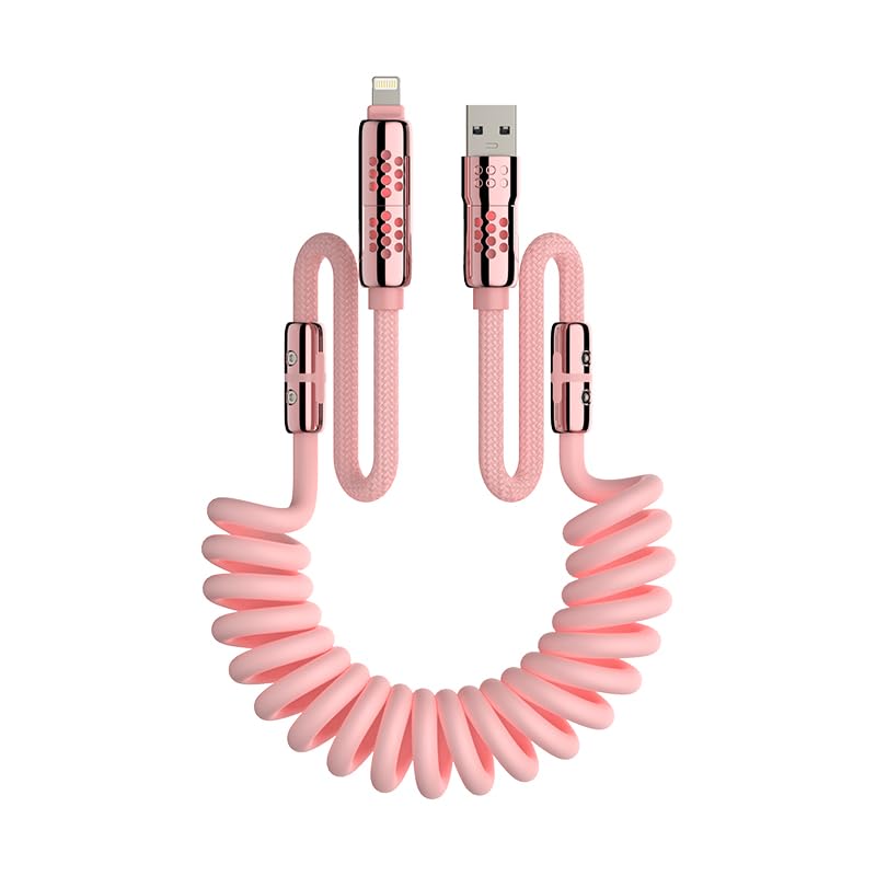 MFish 4 in 1 USB C Charging Cable, 6.6FT Coiled Fast Charging Cable 240W, USB A/C to USB C and Lightning Cable for iPhone 17/16/15, iPad, MacBook Pro/Air, Laptop, Android, Car Travel Cord, Pink