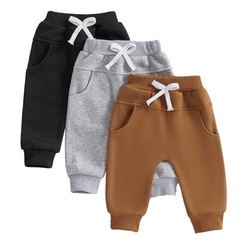Pivanzore Toddler Baby Boys Girls Sweatpants 3 Pack Solid Color Elastic Waist Bottom Pants Newborn Infant Trousers (Black+Brown+Gray, 2-3 Years)