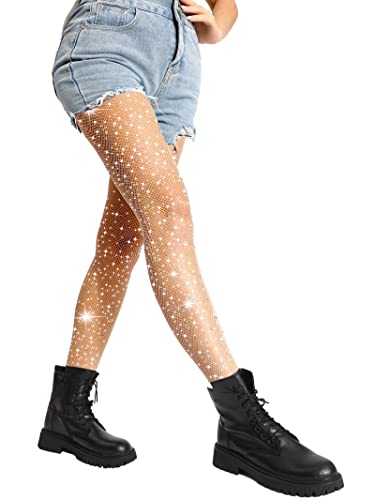 Dancmolly Sparkle Rhinestone Fishnet Stockings, 20 Solid Color 3 Styles Women's Glitter Crystal Tights, 1 Pair (Nude - Small Hole, M-Xl) #TOP6