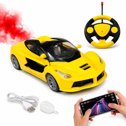 Image of Smoke Remote Control Chargeable Car with Flashing Light, Radio Control Race car for Kids for 3-12 Year Old Boy Birthday Remote Control Car Rechargeable Yellow