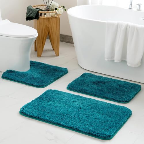 MIULEE Teal Bathroom Rugs and Mats Set 3 Pieces 20x24+20x30+24x44 Inch