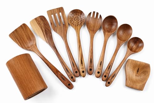 Montuk 9 Pcs Natural Teak Wood Cooking Utensils Set for Kitchen, Spoon Set.