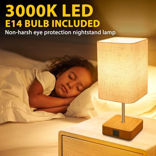 Touch Control USB Table Lamp, Dimmable Nightstand Lamps with USB Charging Ports, Small Touch Lamp with Wood-grain Base ＆ Beige Fabric Shade for Bedroom, Living Room, Children's room, Bulb Included - Image 2