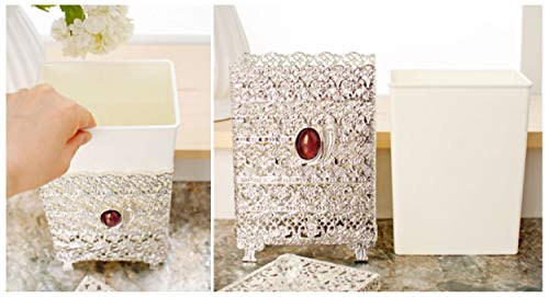 Image of SEHAMANO Antique Rectangular Wastebasket, Vintage Decorative Small Trash Can, Classic Garbage Container Bin for Vanity, Bedroom, Kitchen, Powder Rooms, Home Office Rubbish Bin (Silver (Shiny Silver))