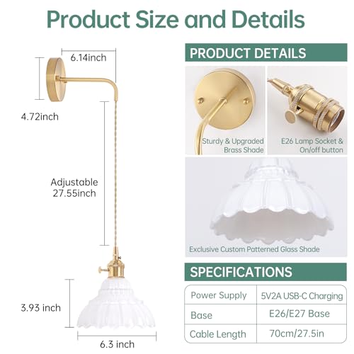 Image of Shenmoyl Battery Operated Wall Sconce with White Lily of the Valley Shade Glass Adjustable Chain Retro Wall Light, Modern Wall Lamp Fixtures Decor for Bedside Bedroom Indoor Doorway
