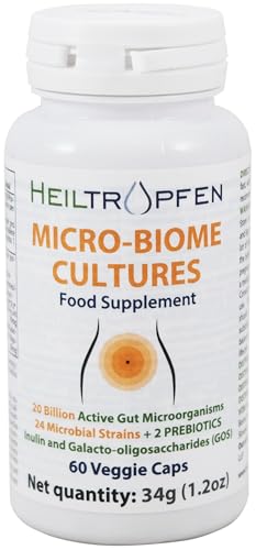 Cultivos de microbiomas | Probiótico Digestivo + Prebiótico | 24 cepas | 20 mil millones de UFC | 60 Cápsulas | Intestino activo | Inulina y GOS | Suplemento dietético | Análisis | Heiltropfen®
