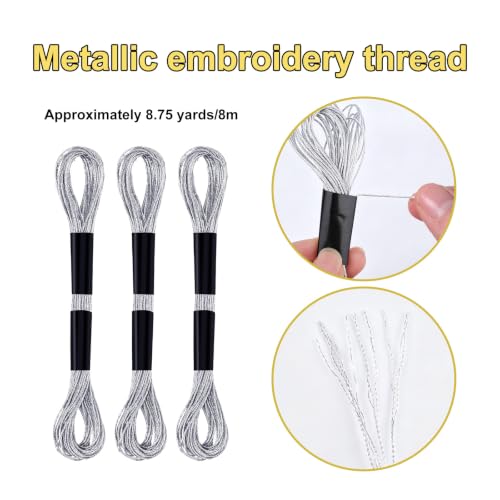 Image of Gosknor 6 Skeins Embroidery Threads, Metallic Embroidery Floss (Silver) | Friendship Bracelet Cross Stitch Thread for Sewing Making Yarn Craft String Art Supplies