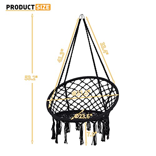 Krofem Macrame Hammock Hanging Swinging Chair, Perfect For Bedroom, Porch, Kids, Adults, Balcony With Thick Cushion Black (Ceiling Mounting Hardware Not Included) #TOP4
