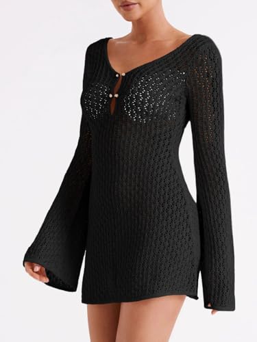 Saodimallsu Womens Crochet Swimsuit Coverup Summer Sexy V Neck Bell Sleeve Hollow Knit Beach Cover Ups Dress Black — view 3