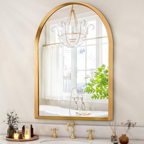 Image of Arched Mirrors for Wall, White Bathroom Mirror Brushed Metal Vanity Wall Mounted Mirror for LivingRoom Bedroom Entryway Room Vanity Home Decor 26 inchx18 inch
