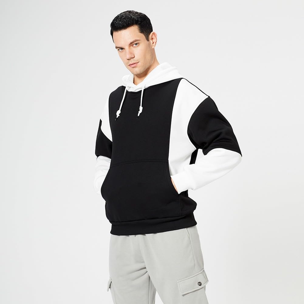 Moda męska bluza z kapturem sweter polarowy dla bezpieczeństwa na co dzień blok kolorów bluza z kapturem z długim rękawem topy z kapturem, Biały+czarny, L