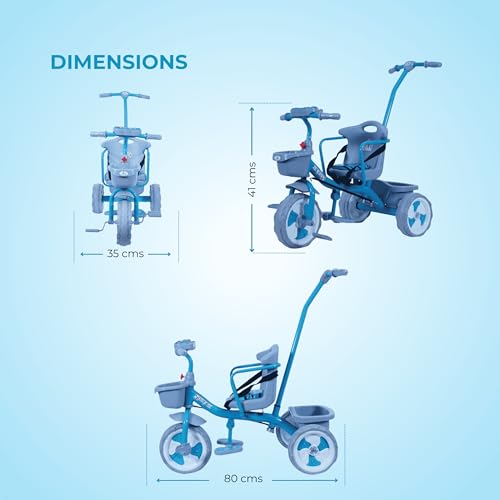 Image of ViniToys Sparx PH Baby Tricycle for Kids 1 to 5 Years with Removable Parental Control Handle, Safety Guard, Seat Belt, Footrest, Music, Storage Baskets and Wide Grip Wheels (Light Blue, Sparx PH)