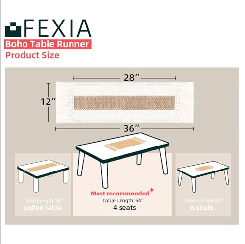 Image of FEXIA Boho Table Runner for Summer Home Coffee Decor with Tassels 36 Inches Long Farmhouse Rustic Table Cloth Cream & Brown Macrame for Kitchen Dining Bedroom Decor Bridal Shower (12x36Inches)