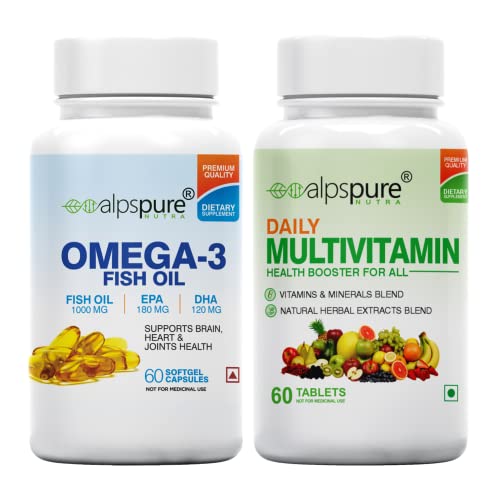 Image of Alpspure Nutra Combo -Daily Multivitamin 60 Tablets & Omega 3 Fish Oil 1000mg 60 Softgels (EPA & DHA), Supports Healthy Heart & Joints |Complete Health Booster Multivitamin with Minerals