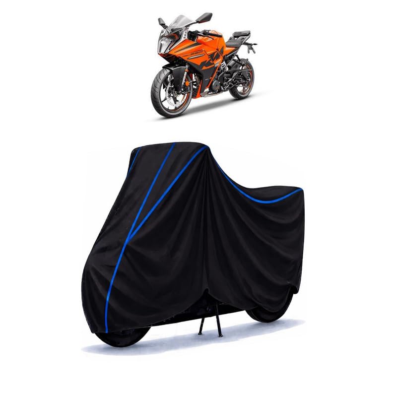 Image of KTM RC 390 Bike Cover Water Resistant Universal Motorcycle Rain | Heavy Duty UV Protection, Dust, Scratch Indoor Outdoor All Weather with Black Blue Piping Elastic