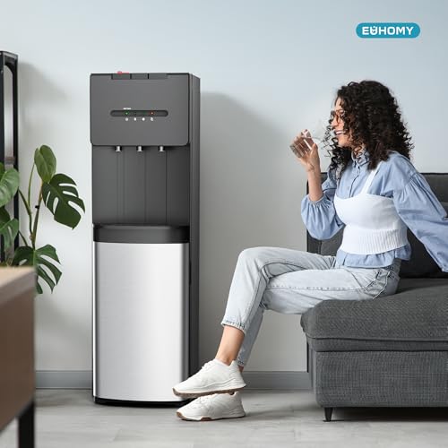 Image of EUHOMY Self Cleaning Bottom Loading Water Dispenser for 3 or 5 Gallon Bottles, Hot Cold and Room Water Cooler with Child Safety Lock, LED Indicator, Empty Bottle Alert, Home Office Apartment, Black