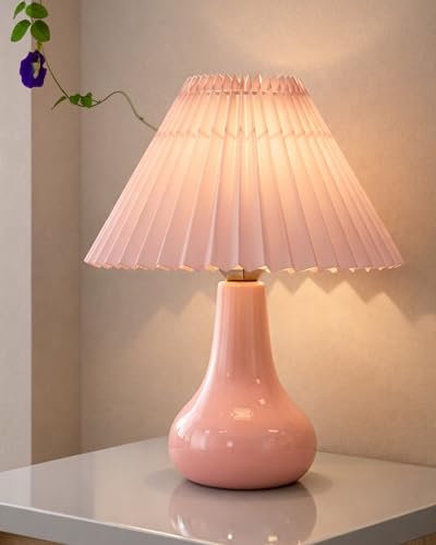 Image of Homesake Modern Small Ceramic Table Lamp, Classic Bedside Desk Lamp for Living Room Bedroom, Farmhouse Home Decor Nightstand Lamps with Fabric Pleated Shade (Pink)