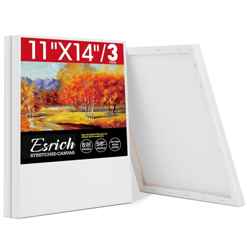 ESRICH Stretched Canvas for Painting 11x14 Inch 3 Pack Blank Canvas -5/8 in Profile Primed White Canvases for Painting for Oil & Acrylic Paint.