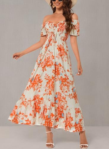 Image of Summer Smocked Boho Maxi Dress for Women 2026 Short Sleeve Floral Smocked Flowy Ruffled Beach Vacation Dresses Lightweight