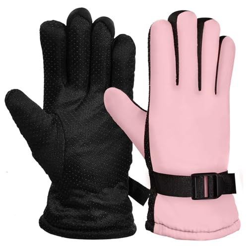 Lunaanda Guantes de Esquí para Niños, Invierno, Impermeables, Cortavientos, 7-13 Años (Rosa)
