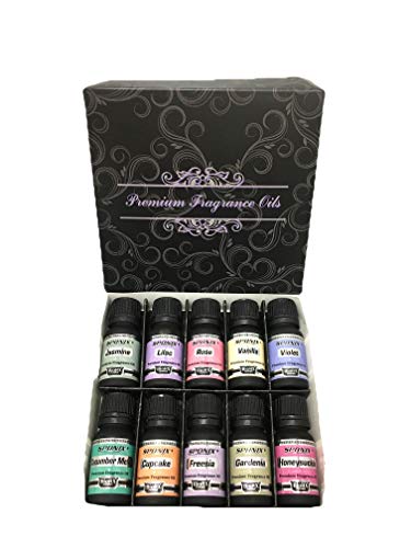 Top Fragrance Oil Set - Best 10 Scented Perfume Oil - Frosted Cupcake, Rose, Honeysuckle, Gardenia, Lilac, Jasmine, Cucumber Melon, Violet, Freesia & Vanilla - Premium Grade - 10 mL by Sponix