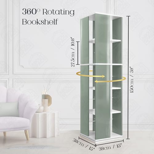 Image of ABOUT SPACE Rotating Book Shelf for Home Library - 5 Tier 360 Book Rack | Semi UV Gloss Laminate DIY Engineered Wood Book Stand with Partition & Bottom Turnplate (Green &White L 38 x B 38 x H 150 cm)